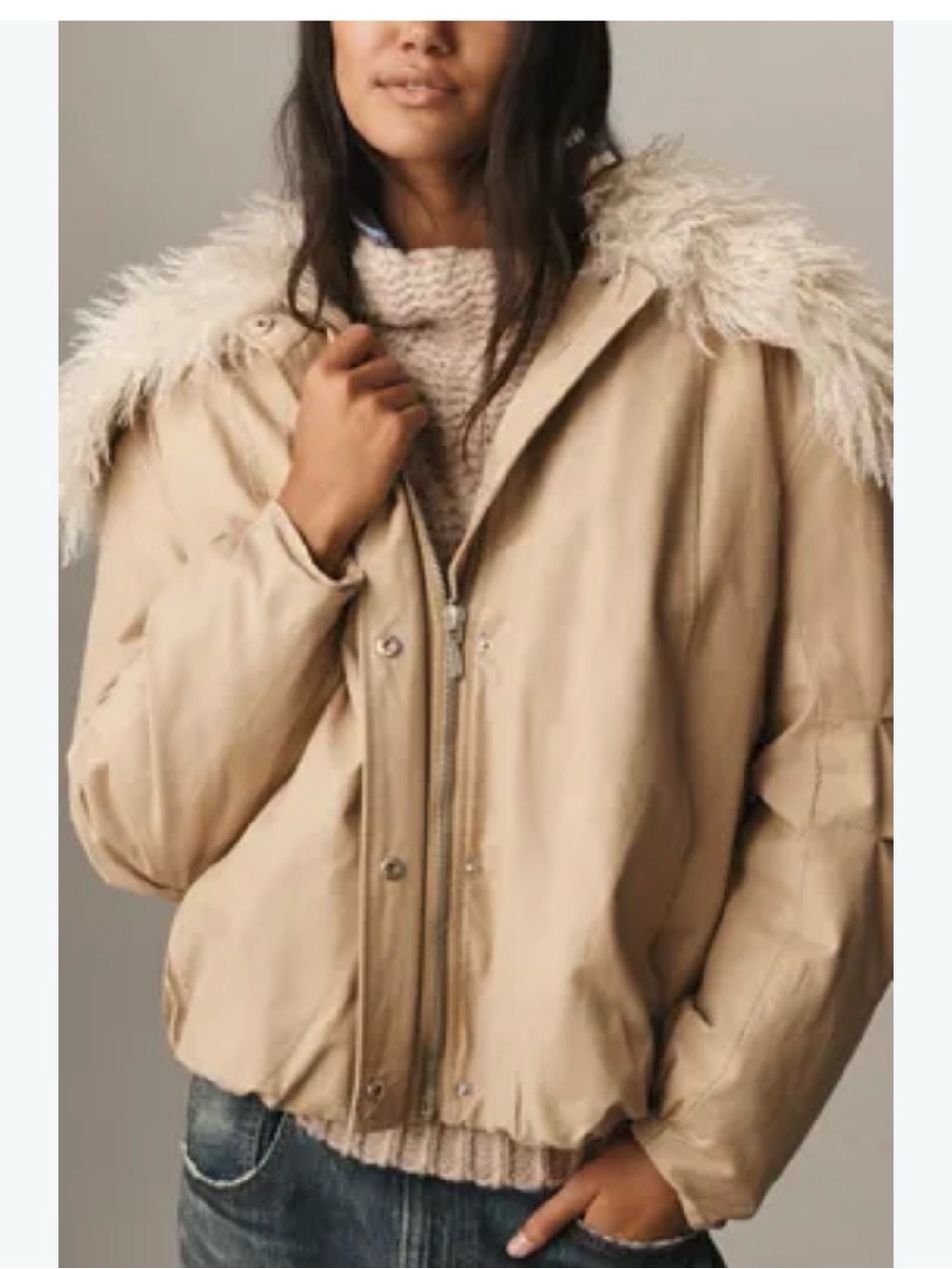 Pilcro Beige Puffer Jacket with Faux-Fur Trim